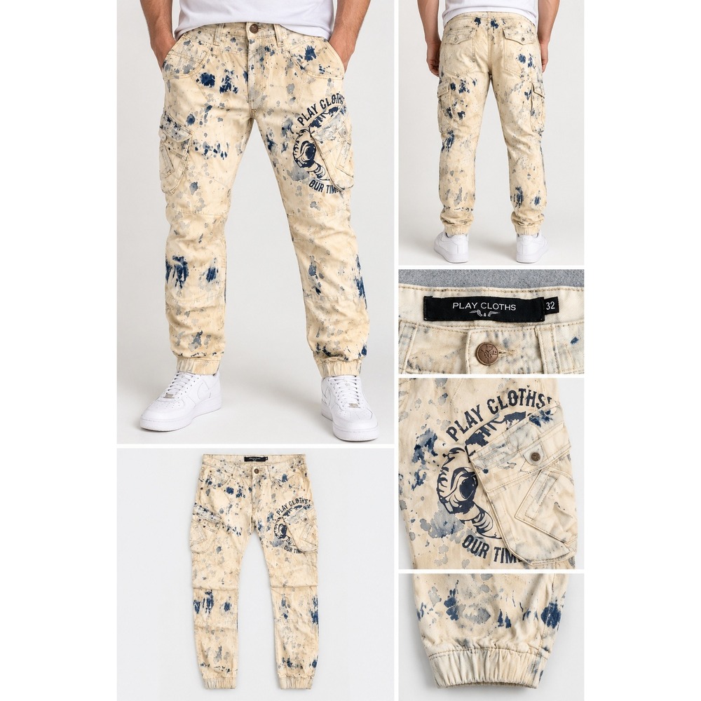 Play Cloths Cargo Pants 36 Cream Blue Acid Wash‎ Splatter Streetwear Jogger